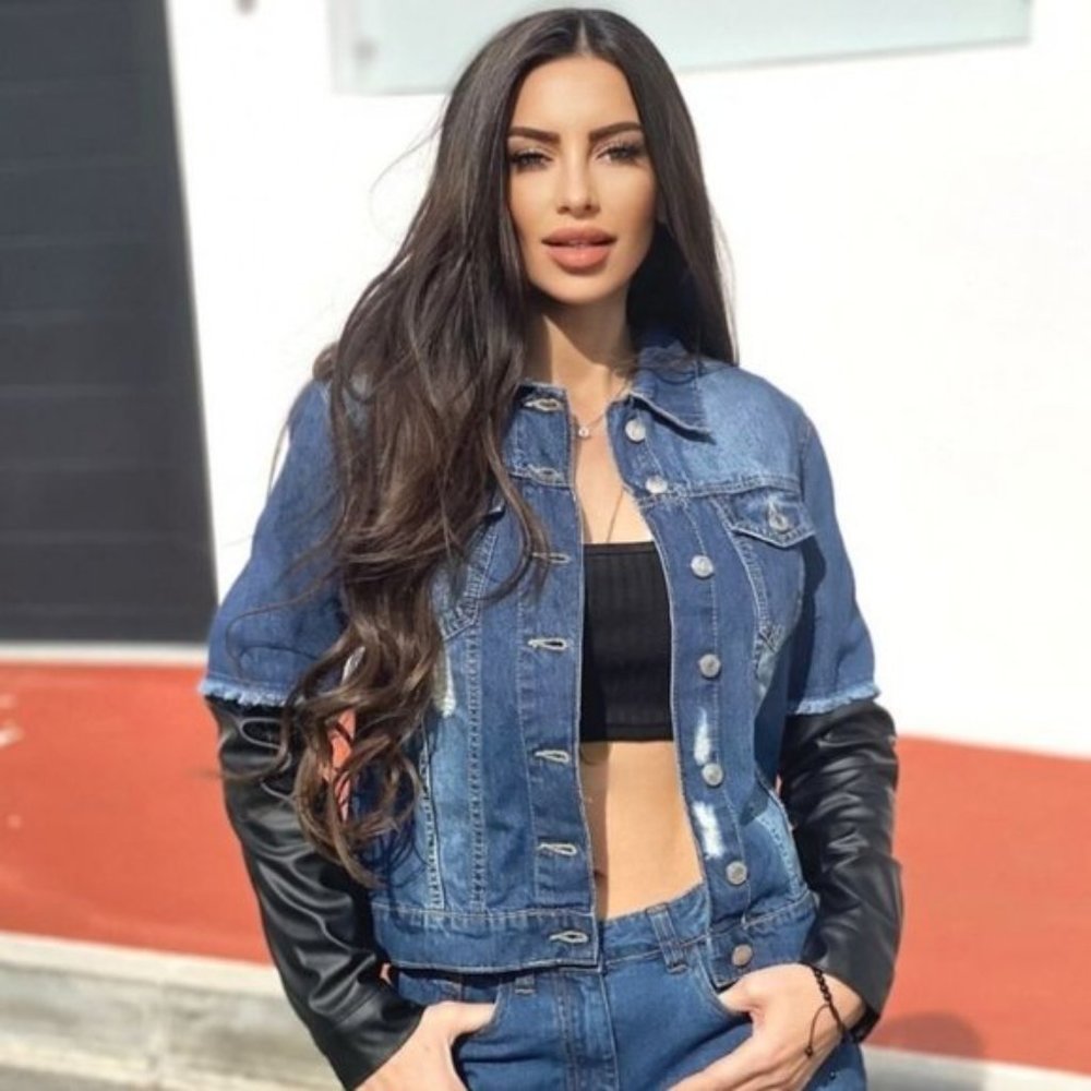 Blue Distressed Denim Jeans Jacket with Long Vegan Leather Faux Leather Sleeves - Picture 10 of 13